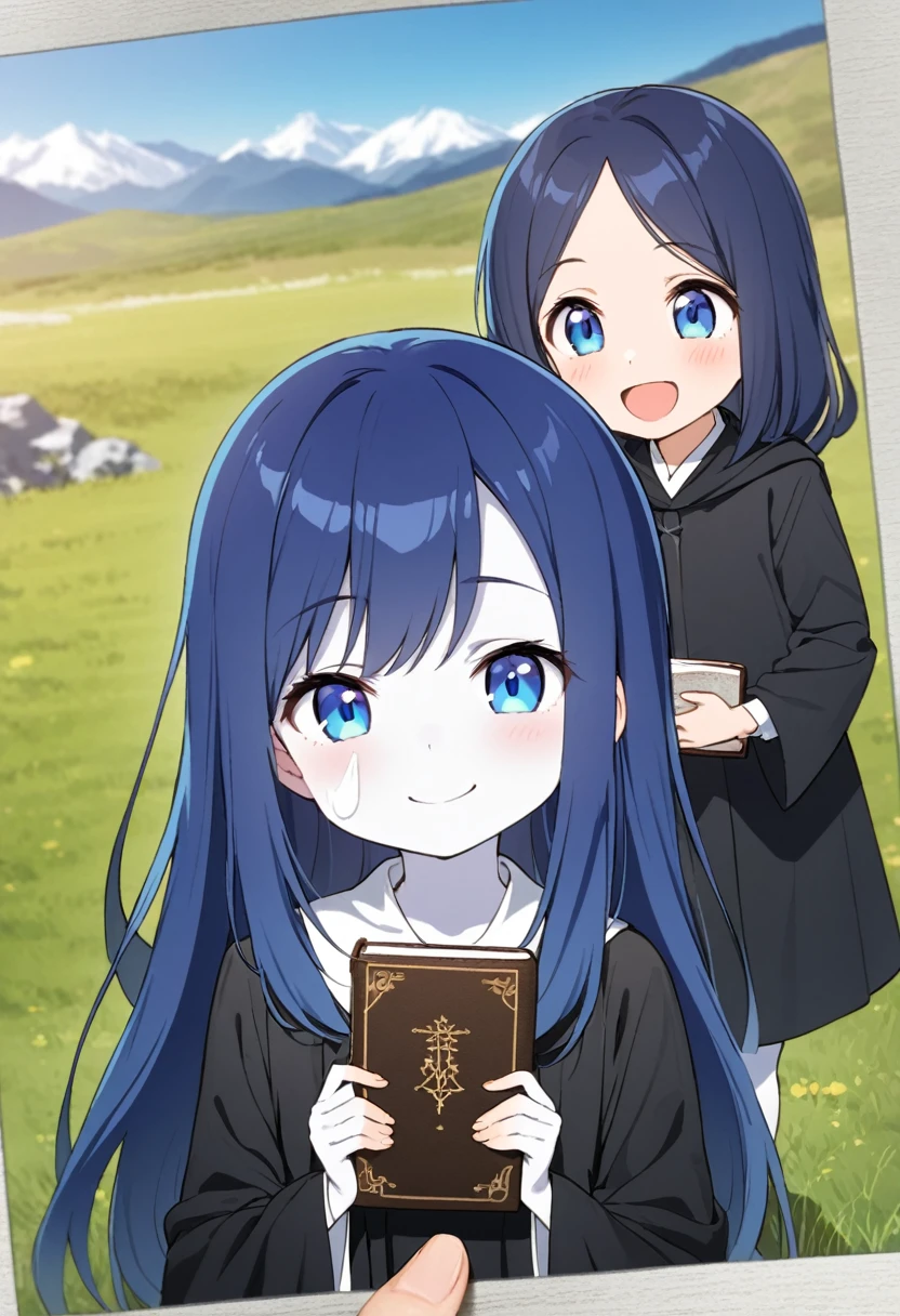 Blue Hair，Blue eyes，long hair，little girl，10 years old，student，Half-length photo，Wearing black religious robes，Smile，Face flushing，Holding the Bible in both hands，Standing on the grass，Mountains in the background，flat chest，White skin