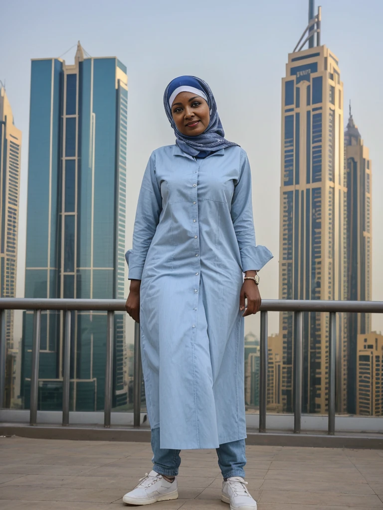 Zainab, 1girl, solo, ((Sudanese woman)), consistent face and body, ((MILF)), ((50 years old)), (mature), ((slim)), ((Sudanese face)), (Sudanese nose), (Sudanese lips), upper body and upper legs, (background: skyscrapers in Dubai), BREAK, (wearing stylish Generation Z casual wear)