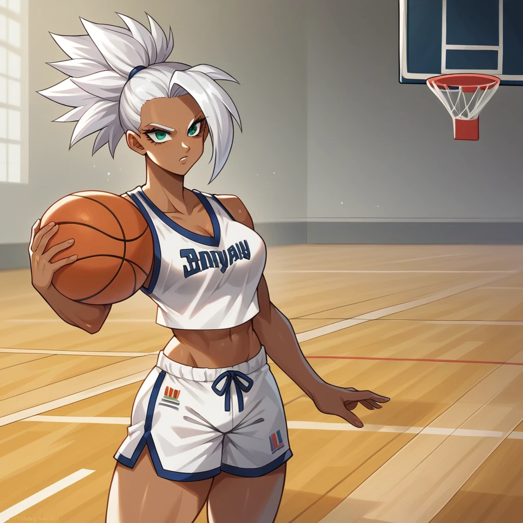1girl, alone, Saiyan, spiky white hair combed back , green eyes, slim, thin waist, wide hips, dark skin, medium breasts,shirt number 30 of the golden state warriors, white sports shorts, throwing a basketball, on a street basketball court