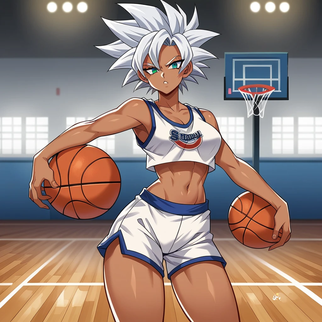 1girl, alone, Saiyan, spiky white hair combed back , green eyes, slim, thin waist, wide hips, dark skin, medium breasts,shirt number 30 of the golden state warriors, white sports shorts, throwing a basketball, on a street basketball court