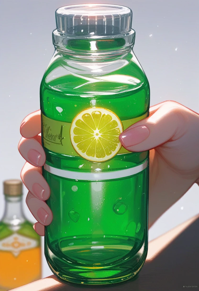 (Fraction_9,Fraction_8_Direction_7_up), ((1 bottle of poison))(Close shot),Magic Bottle,Antique bottle,A bottle of green poison,The poison is surrounded by poisonous gas,Poison pour out,