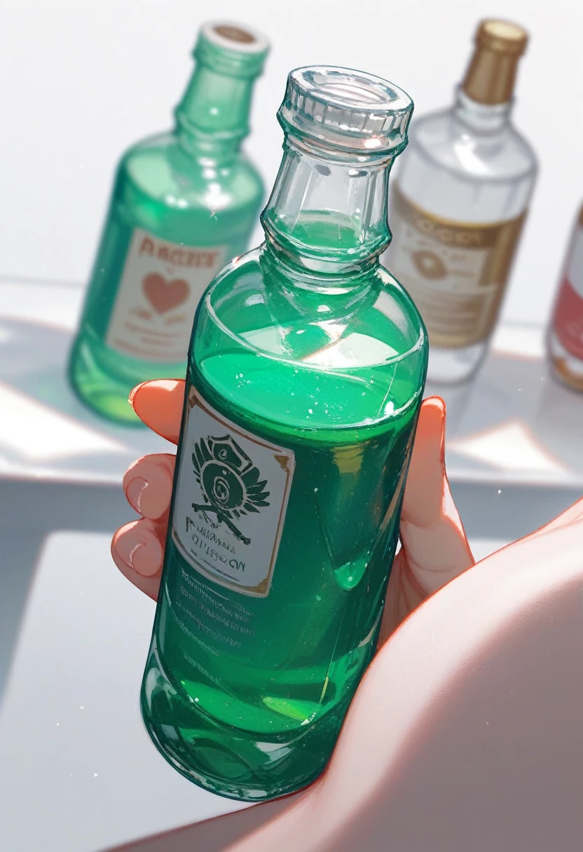 (Fraction_9,Fraction_8_Direction_7_up), ((1 bottle of poison))(Close shot),Magic Bottle,Antique bottle,A bottle of green poison,The poison is surrounded by poisonous gas,Poison pour out,