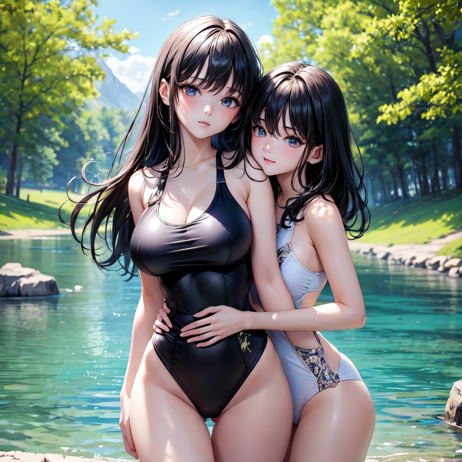 (4K,masterpiece,best quality,ultra detailed,high resolution),(daylight,bloom),long shot,cowboy shot,cute females,2girls,age,slender,hugging,(medium hair,hime cut,black hair),(beautiful detailed face,beautiful detailed eyes,finely detailed skin),(big beast),(big hip),(fair skin),((one piace competition swimsuits)),(on the beautiful lake side),beautiful sky,