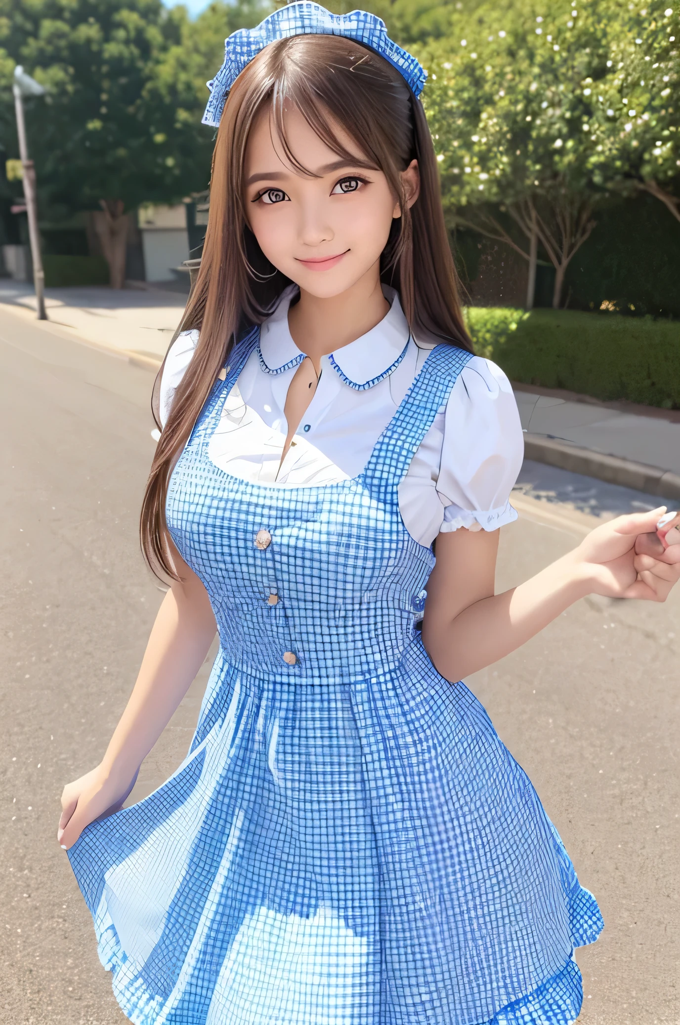 (Very beautiful cute girl), (very cute face:1.2),18 yo, (sparkling crystal clear attractive large eyes:1.2), Beautiful detailed eyes, Detailed double eyelids, (smiling), (realistic photograph:1.2), long straight brown hair,(Super shiny blue gingham maid costume :1),
(beautiful blue gingham Maid costume:1),cowboy shot,in the street