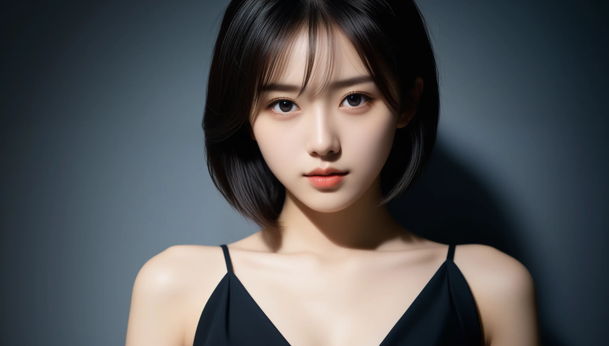 8k, Ultra-high resolution, Highest quality, masterpiece, 三分割法によるphotograph,Surreal, photograph, 1 Girl, (:1.3), pretty girl, Cute Face, Beautiful eyes in every detail, 細かくdetailedに,masterpiece,One Girl:1.2, Japan Female Announcer,extream close up,sad,streaming tears,Long black hair,Short Hair,Messy hair,(black suit:1.3),mourning clothes,(印象派の美しい少女のPortraiture), (Gray background:1.3),(Impressionist light and colour),Realistic Skin, Perfect and beautiful face ,完璧でCute Face, Skin with attention to detail, Perfect limbs、Narrow waist,Looking at the audience、beauty,Long neck,clavicle,(((Ideal body type))),A cup small breasts :2,Portraiture:2,Perfect Anatomy,鮮明なdetailed,detailed,Surreal,Light and shadow,spotlight