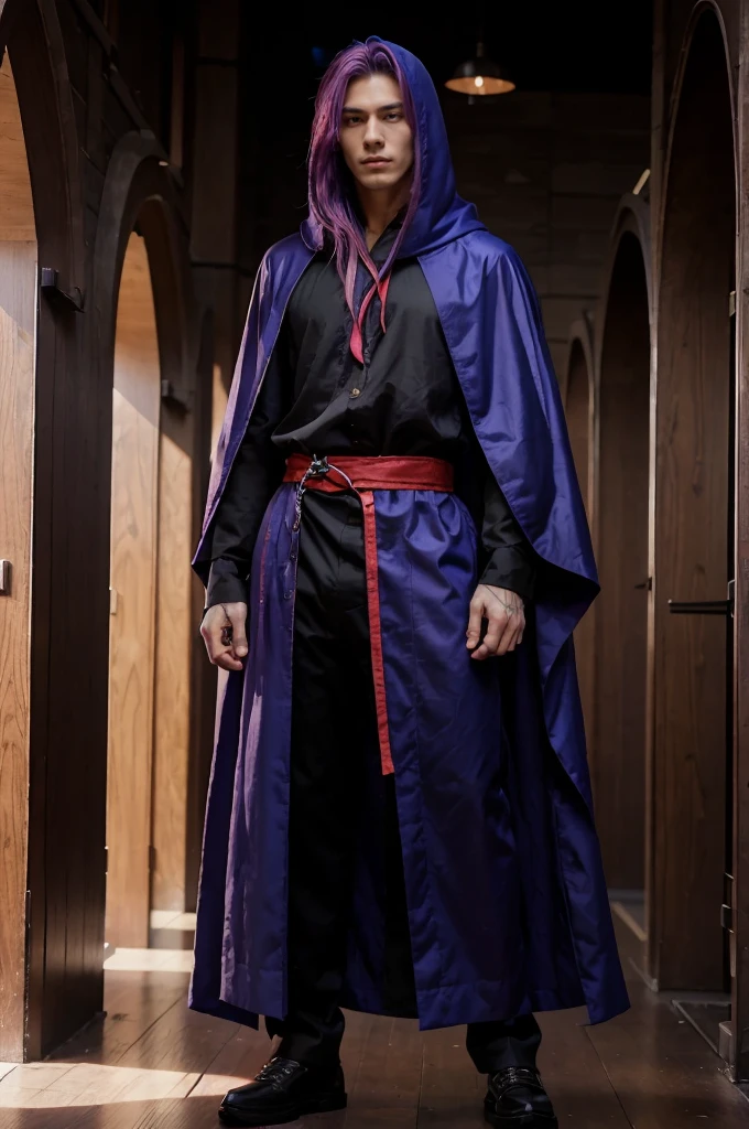 Sorcerer a pinkhightlightbluehair men, wearing a , fasion hair, fasion hair, slim body, hood, hakama, men, handsome face, tall 187cm, 21yearold, male, Secret,  magicbook, red eyes, villianface