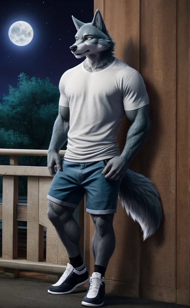 Lex has grey fur with white laccented by teal fur covering his back and the top of his head, with blue hair, He has gray fur on the bridge of his black nose, he wears a blue t-shirt and white sweater, a pair of slim dark gray chinos, and nike shoes, jeans shorts. anthro wolf, male, adult, muscles, grey fur, buffed body, tail, sexy, beefy body, furred body, furry chest hair, realistic, full body, photorealistic, ultra realistic, 8k, night, bare-chested