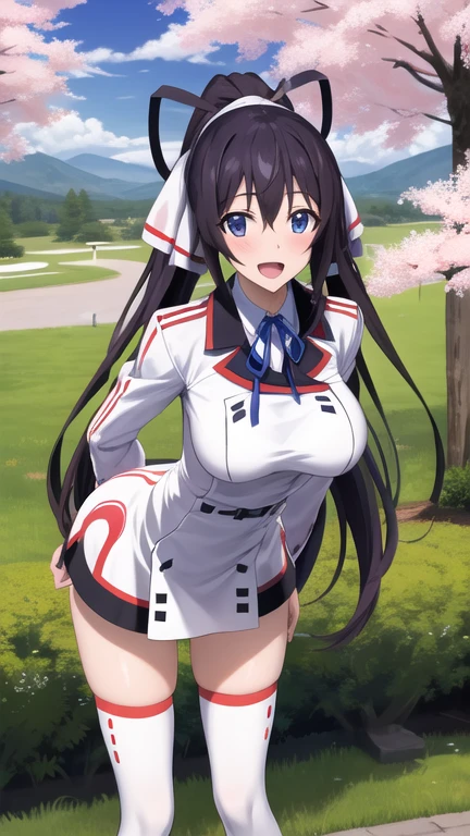 masterpiece, best quality, highres, aahouki, very long hair, black hair, high ponytail, split ponytail, hair ribbon, white ribbon, large breasts, , neck ribbon, white jacket, white dress, long sleeves, white thighhighs, arms behind back, standing, leaning forward, outdoors, cherry blossoms, smile, open mouth,