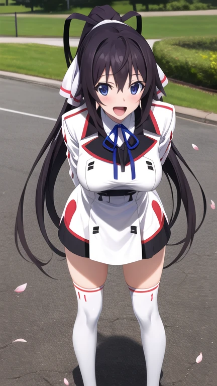 masterpiece, best quality, highres, aahouki, very long hair, black hair, high ponytail, split ponytail, hair ribbon, white ribbon, large breasts, , neck ribbon, white jacket, white dress, long sleeves, white thighhighs, arms behind back, standing, leaning forward, outdoors, cherry blossoms, smile, open mouth,