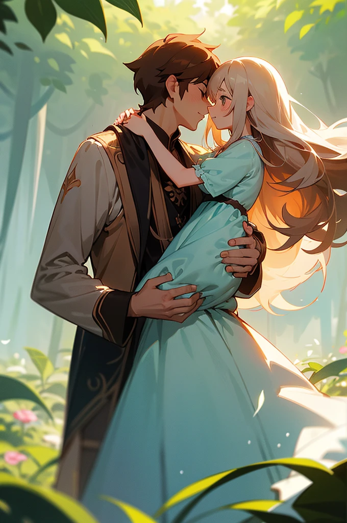 half body picture of a couple beneaf the vines staring romanticaly at each other, (girl with long white hair and big wearing a baby blue summer dress), (athletic boy prince with brown hair), holding hands, gaussian blur garden background, colorful