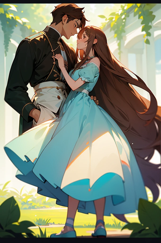 half body picture of a couple beneaf the vines staring romanticaly at each other, (girl with long white hair and big  wearing a baby blue summer dress), (athletic boy prince with brown hair), holding hands, gaussian blur garden background, colorful