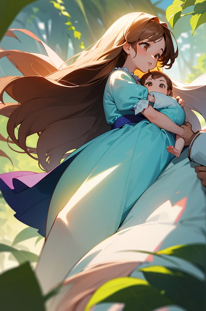 half body picture of a couple beneaf the vines staring romanticaly at each other, (girl with long white hair and big wearing a baby blue summer dress), (athletic boy prince with brown hair), holding hands, gaussian blur garden background, colorful