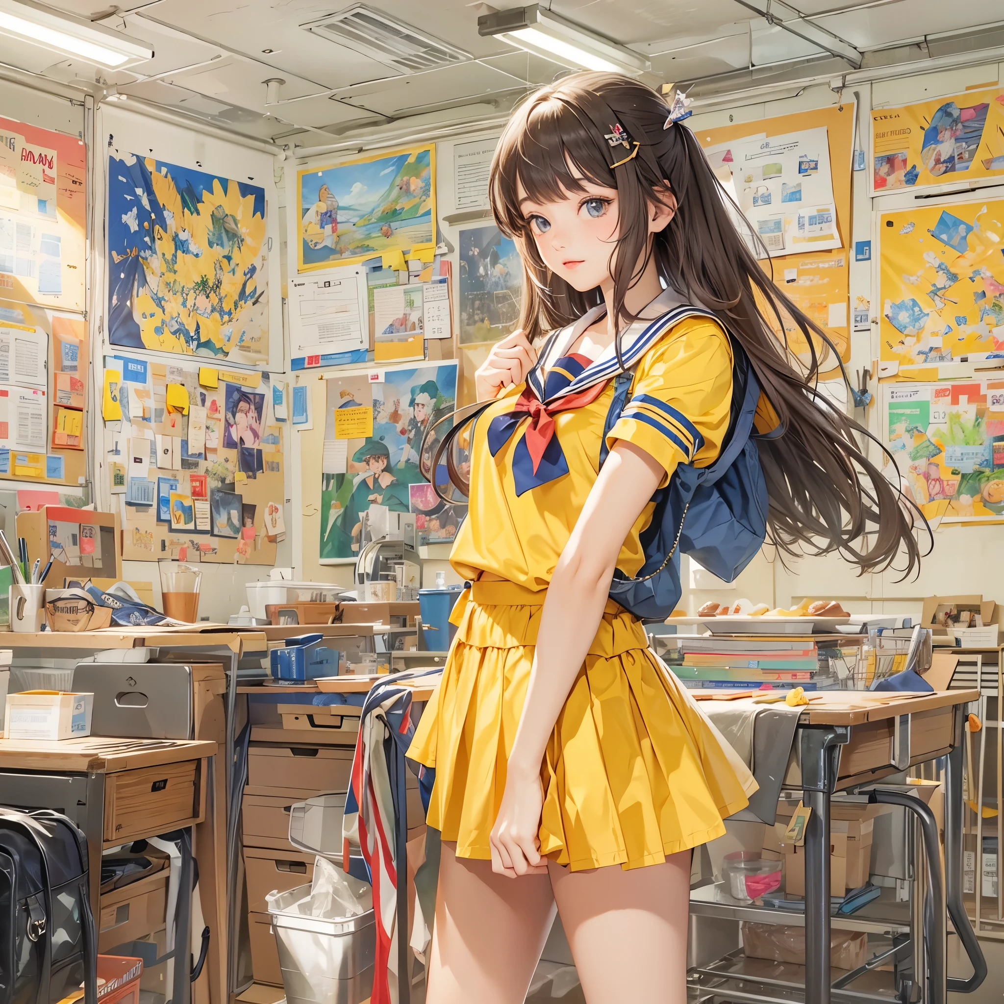 Inspired by the MBTI adventurer、Make a high school girl wearing a yellow sailor uniform。The background is the school art room.。