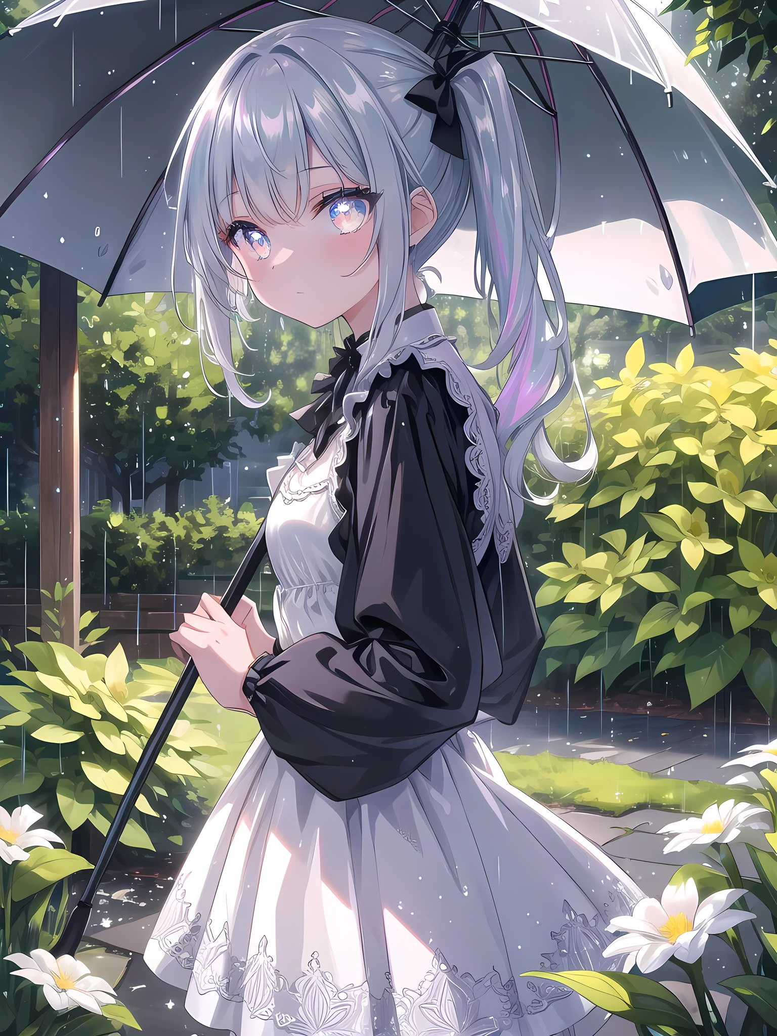 ((8k, best quality, master piece: 1.3)),super high resolution,(1 girl, solo), (colorshift eyes, hyperdetailed, expressive sparkling, glitter, glowing eyes), ultra detailed eyes, ultra-detailed face, random hair, ((pastel color)), A girl is taking shelter from the rain in a gazebo in the park during a light rain. Raindrops are sparkling on the surrounding plants. She has silver hair in a side ponytail, a floral dress, and is holding an umbrella as she turns around, A high-tech scene with silver light reflections bouncing off metallic surfaces. The main subject is surrounded by reflective objects that catch and scatter the light, creating a sleek and polished look. The lighting is bright and sharp, accentuating the modern and sophisticated elements of the scene.
