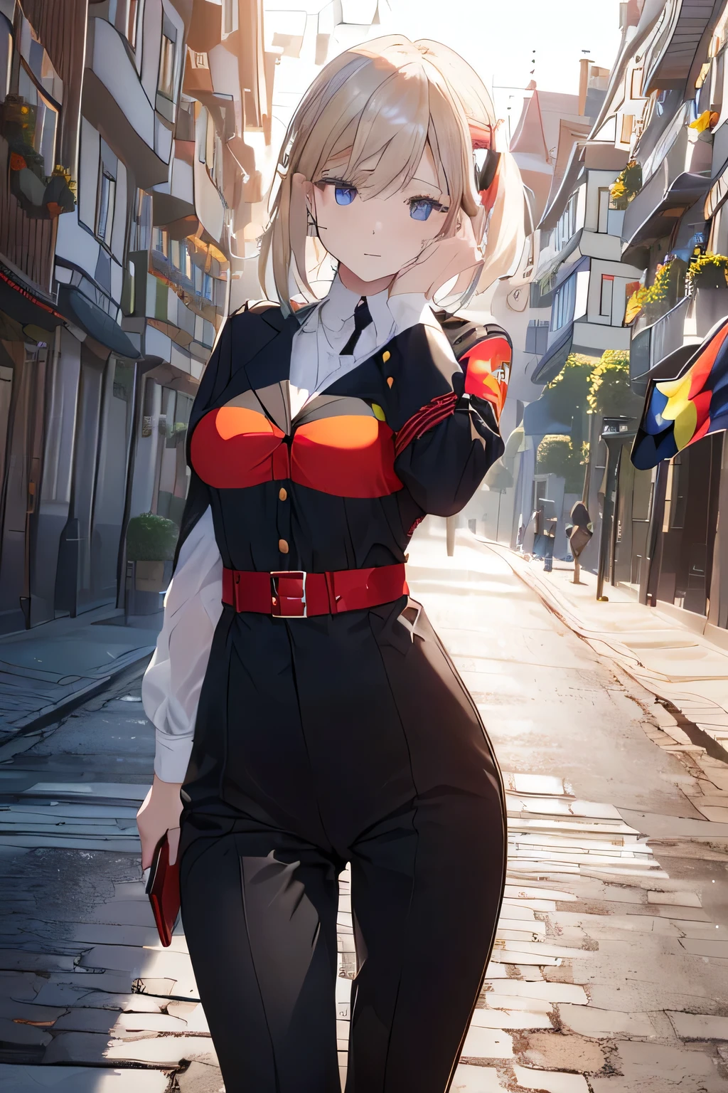 (((German flag-inspired outfit:1.3))),(((Woman in men's clothing:1.3))),(),(masterpiece,Highest quality,Ultra-high resolution output images,Write boundary depth,Intricate details,Adding dimension to your subject with the contrast of light and shadow,Anatomically correct facial structure),(Picture Mode Ultra HD,)