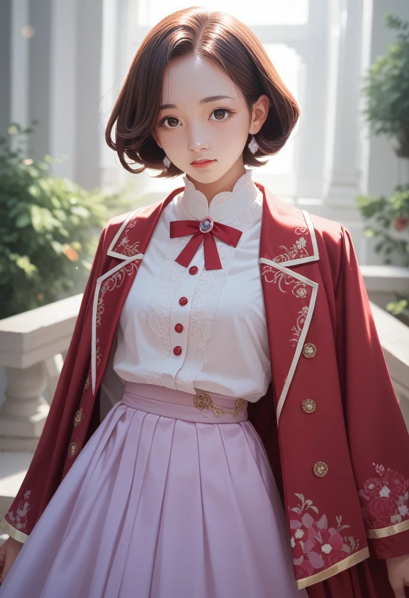 A beautiful woman, 32 years old, Red short hair, shimmering brown eyes, and , and a purple and pink blaser, skirt, and白色背景, Intricate details,