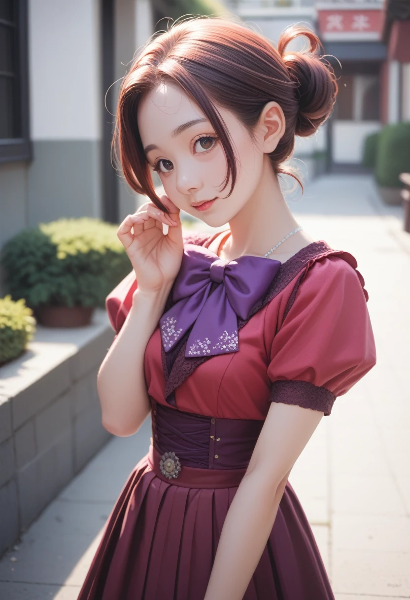 A beautiful woman, 32 years old, Red short hair, shimmering brown eyes, and , and a purple and pink blaser, skirt, and白色背景, Intricate details,