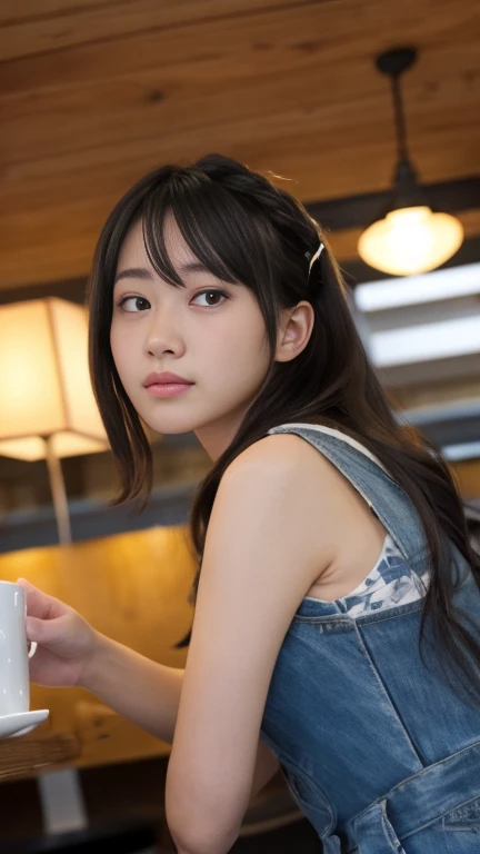 1 female, dimly lit waitress, ポーズ, かわいい, Pointed upwards, Long Hair, ポニーテール, big braided hair, Black Hair, Iris, from the front, indoor, Very nice and beautiful, Japanese, (riho yosioka), Nikon, dutch angle, masterpiece