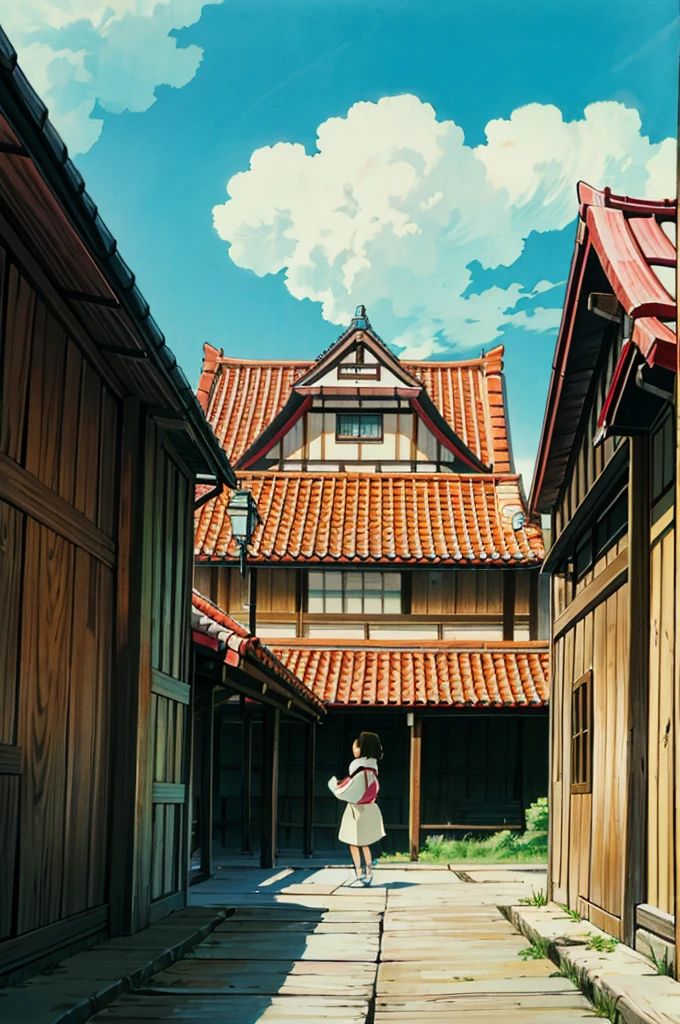 ghibli style, howl \(Howl no Ugoku Shiro\), Japanese rural houses, Real anime costume design, Spirited Away, Stretch. detailed, colorful, blue sky.