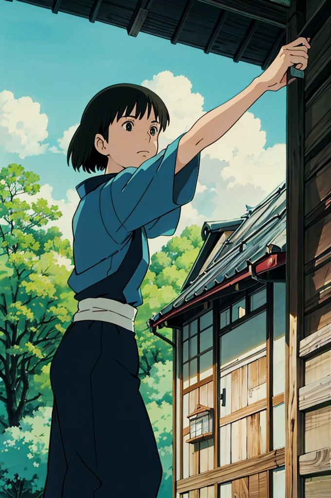 ghibli style, howl \(Howl no Ugoku Shiro\), Japanese rural houses, Real anime costume design, Spirited Away, Stretch. detailed, colorful, blue sky.