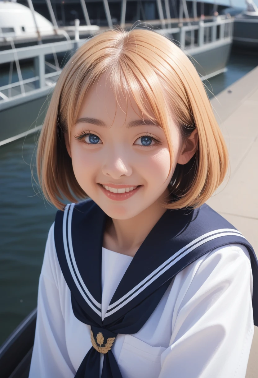 {{masterpiece, best quality, Extremely detailed CG, Unity 8K wallpaper, light, }}, Sony α7, Wide frame, South Pacific, In the war with the Asian powers, The wind blows towards the Aegis ship, 1 girl, whole body, Smile, She is a U.S. Navy sailor., bule, 20 years old, Smile, Blonde Hair, Short Bob, blue eyes , Long eyelashes ,
