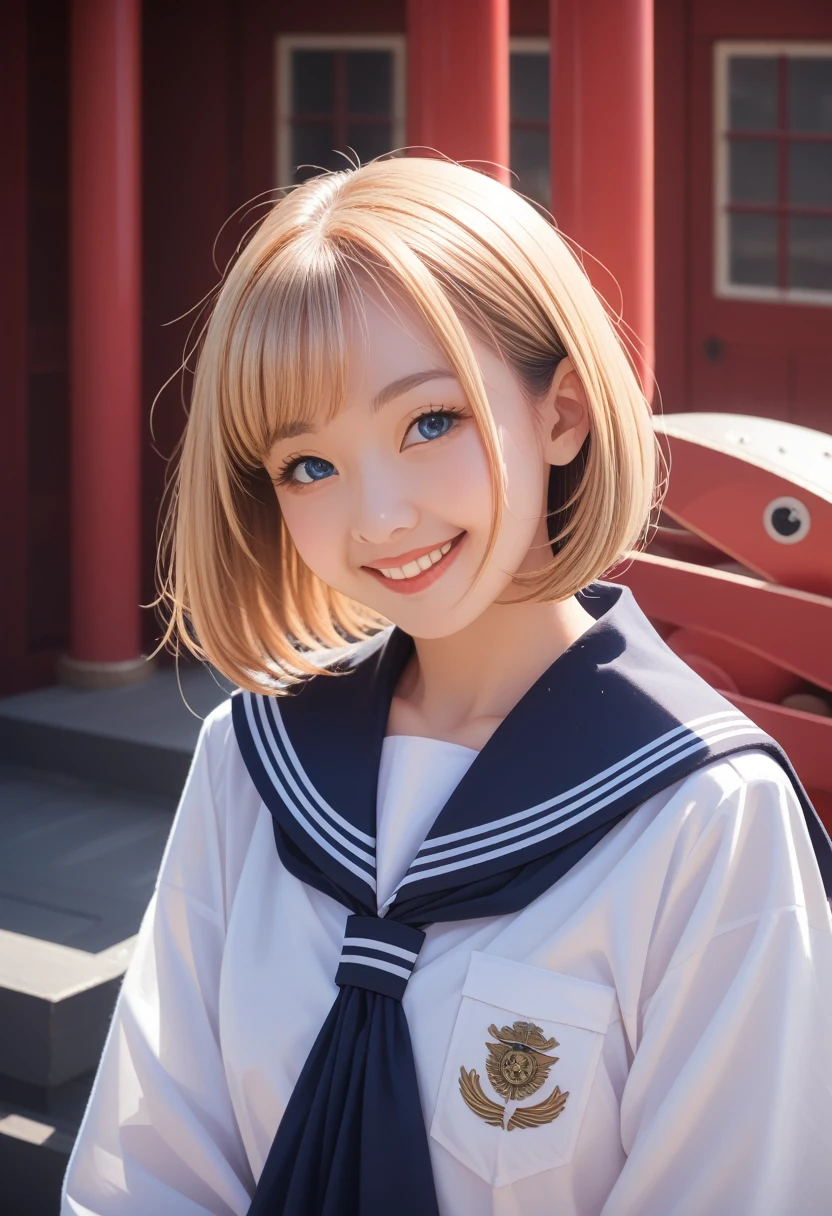 {{masterpiece, best quality, Extremely detailed CG, Unity 8K wallpaper, light, }}, Sony α7, Wide frame, South Pacific, In the war with the Asian powers, The wind blows towards the Aegis ship, 1 girl, whole body, Smile, She is a U.S. Navy sailor., bule, 20 years old, Smile, Blonde Hair, Short Bob, blue eyes , Long eyelashes ,