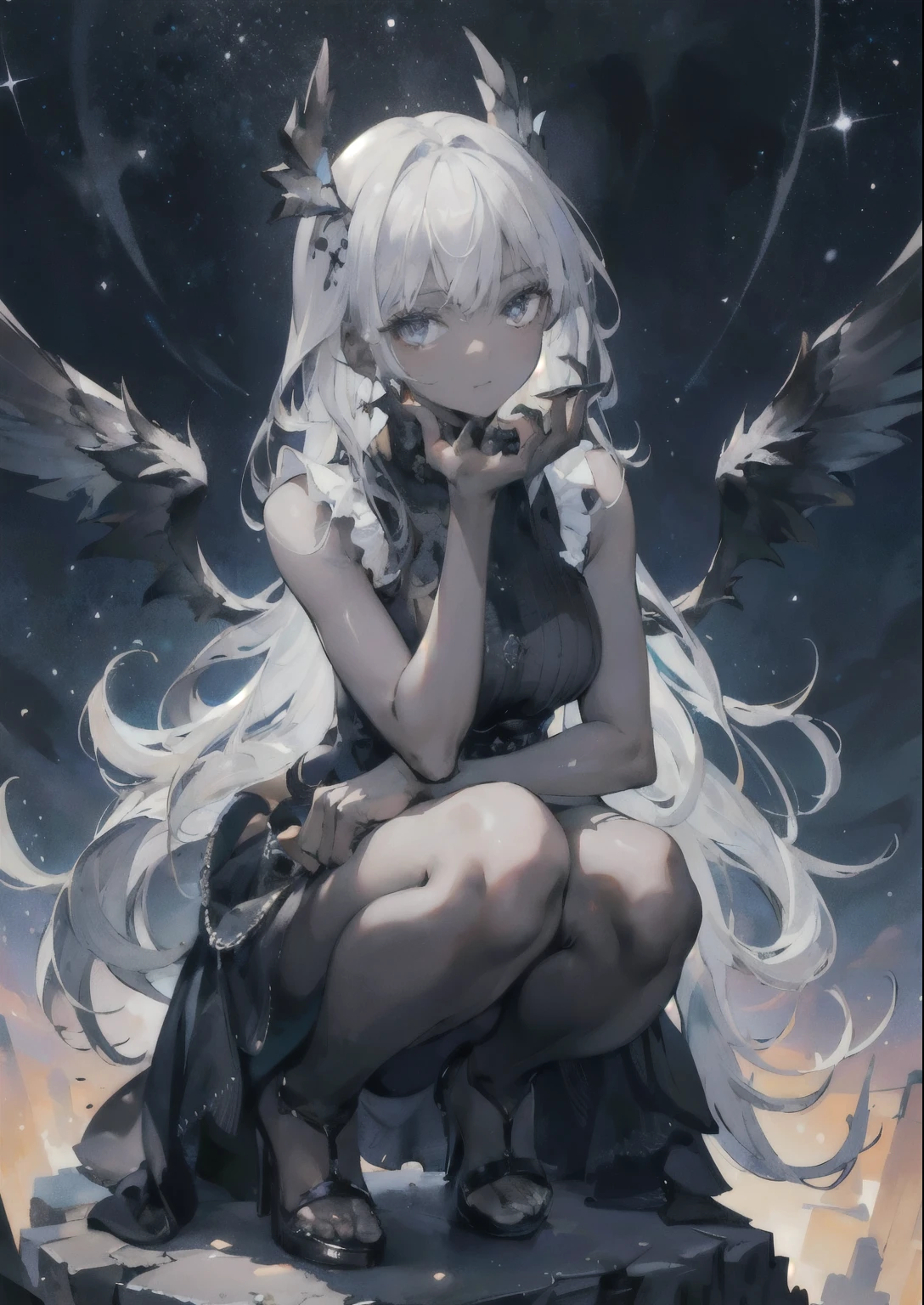 ((Highest quality)), ((masterpiece)), (detailed), One girl,Silver Hair,Long Hair,Dark Skin,Wearing a black sleeveless dress,Wear black high heels,Squatting pose on top of the tower,Starry Sky,cloud,Girl with black wings,Look away