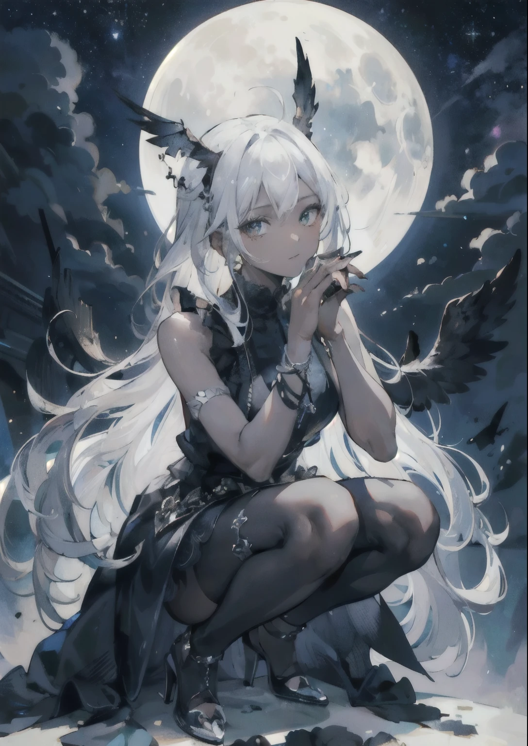 ((Highest quality)), ((masterpiece)), (detailed), One girl,Silver Hair,Long Hair,Dark Skin,Wearing a black sleeveless dress,Wear black high heels,Squatting pose on top of the tower,Starry Sky,cloud,Girl with wings,Look away,Full moon night