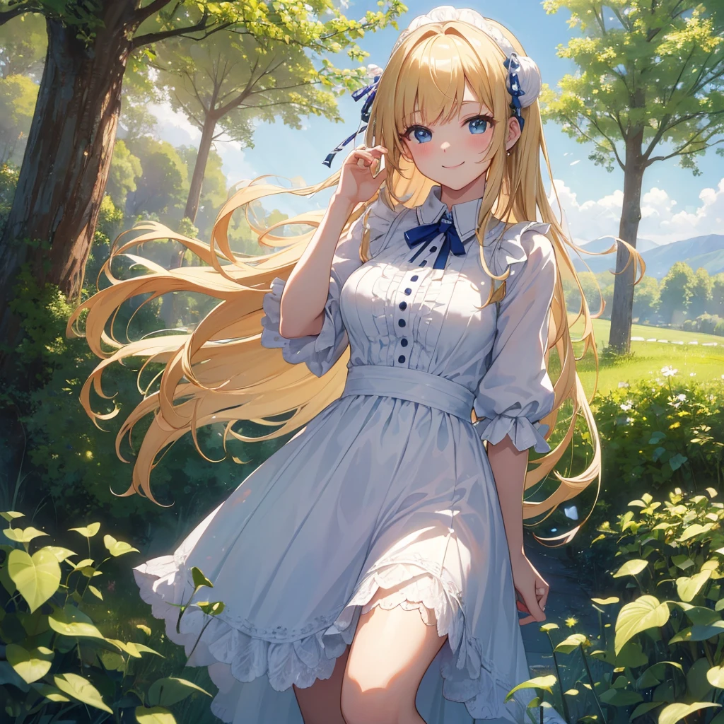 ((masterpiece)), ((Highest quality)), ((High resolution)), ((In detail))、Wearing English national dress、Anime style white woman、Blonde、smile、Happy expression、Daytime、Rural Scenery、cute、beautiful、Embarrassing cheeks、Tartan