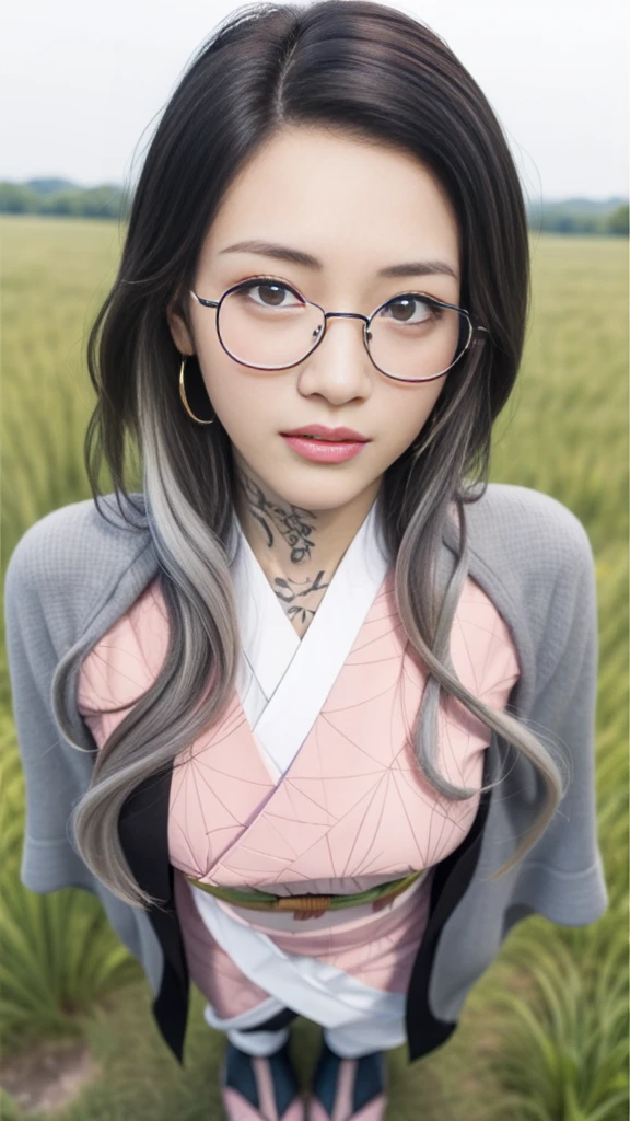 Cute Japanese woman, (), (very cute face), white moist skin, looking at the camera, melancholy expression, (pink bright eyes: 1.4), (black frame glasses: 1.3)
BREAK,
Idol, (very beautiful berserker woman: 1.3), (fighting: 1.3),
BREAK,
(wearing pink cute kimono: 1.3), (highly revealing kimono), very large earrings, short length, (has black grass tattoo on body: 1.3),
BREAK,
(long hair), (light gray hair: 1.4), (wavy hair), (gradient hair: 1.3), (red tips: 1.3),
BREAK,
(realistic: 1.3), masterpiece, perfect lighting, (ultra high resolution), (8K), (highly detailed: 1.4), (from the front), (full body: 1.4), (symmetrical: 1.2), (one shot),
BREAK,
(Shibuya city in Japan: 1.2),