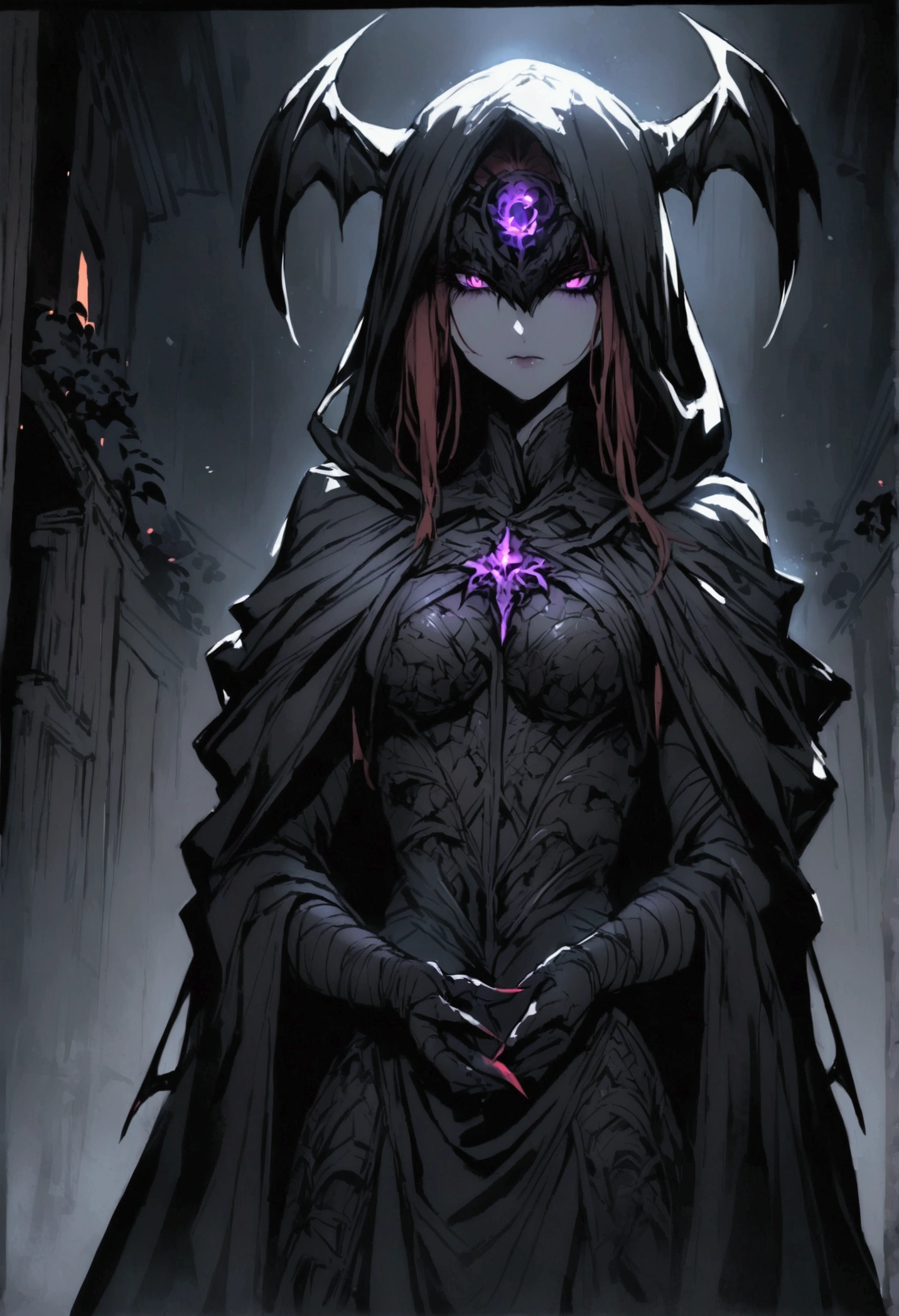 a female demon wrapped in a black cloak of darkness 