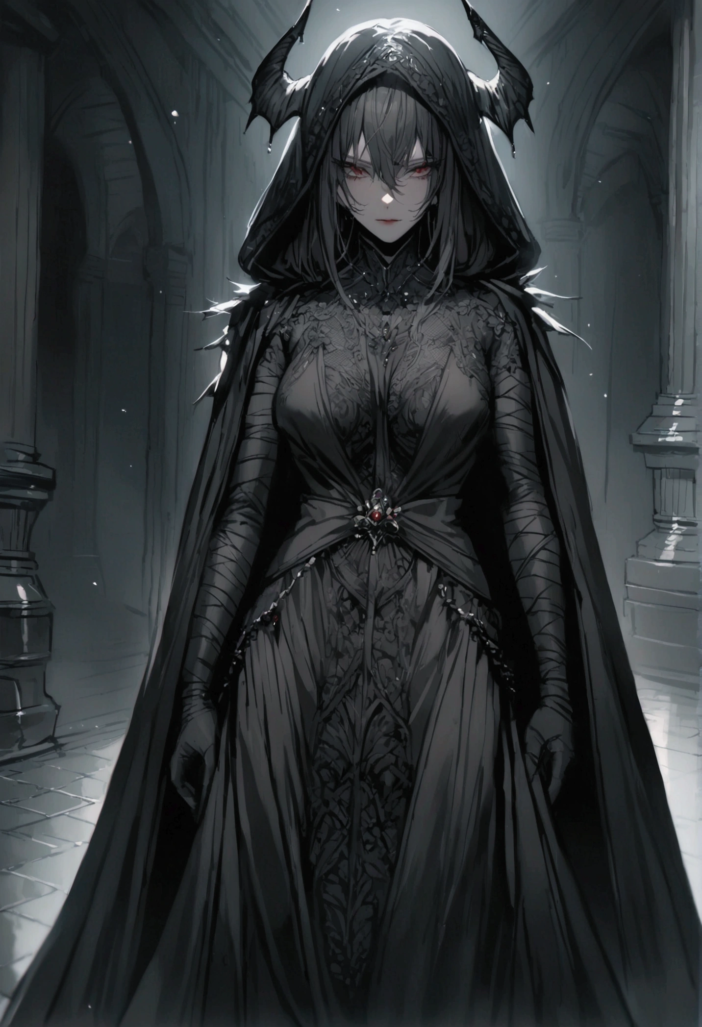 a female demon wrapped in a black cloak of darkness 