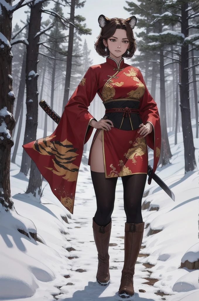 Create a 4k resolution masterpiece, highly detailed, best possible quality. The theme is a charismatic tiger girl, found in a snowy forest at night. She wears red traditional Chinese clothes with a white skirt and brown boots.. A katana is neatly stored on his hip. The character, a 25 year old clan leader, has short light brown hair and tiger ears, beyond a tiger&#39;s tail. His green eyes reflect a guard posture and a display of resilience.. The surrounding environment is a forest landscape at night, illuminated by the dynamic light of the full moon.