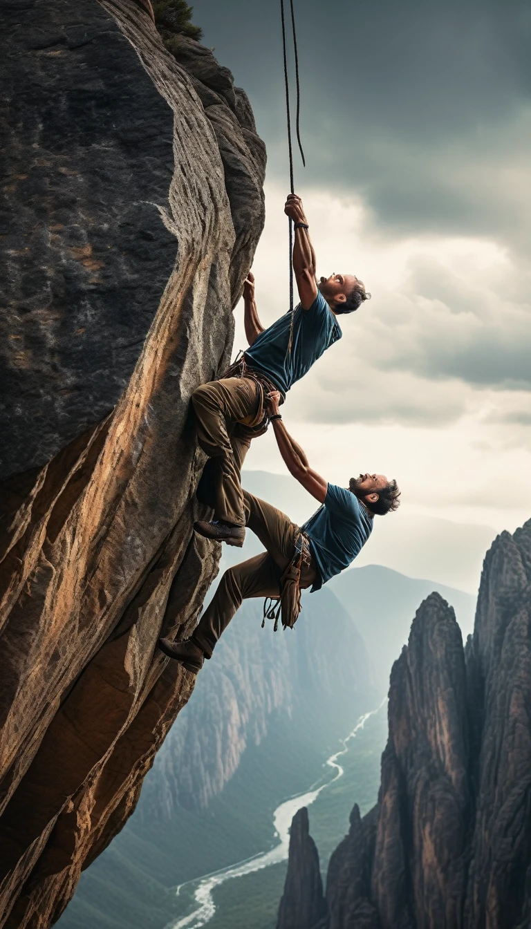 a man hanging from the tip of a pointy rock, extreme danger, not very muscular, intense focus, rugged landscape, dramatic lighting, cinematic composition, high contrast, muted color palette, (best quality,4k,8k,highres,masterpiece:1.2),ultra-detailed,(realistic,photorealistic,photo-realistic:1.37),HDR,studio lighting,extreme detail description,professional