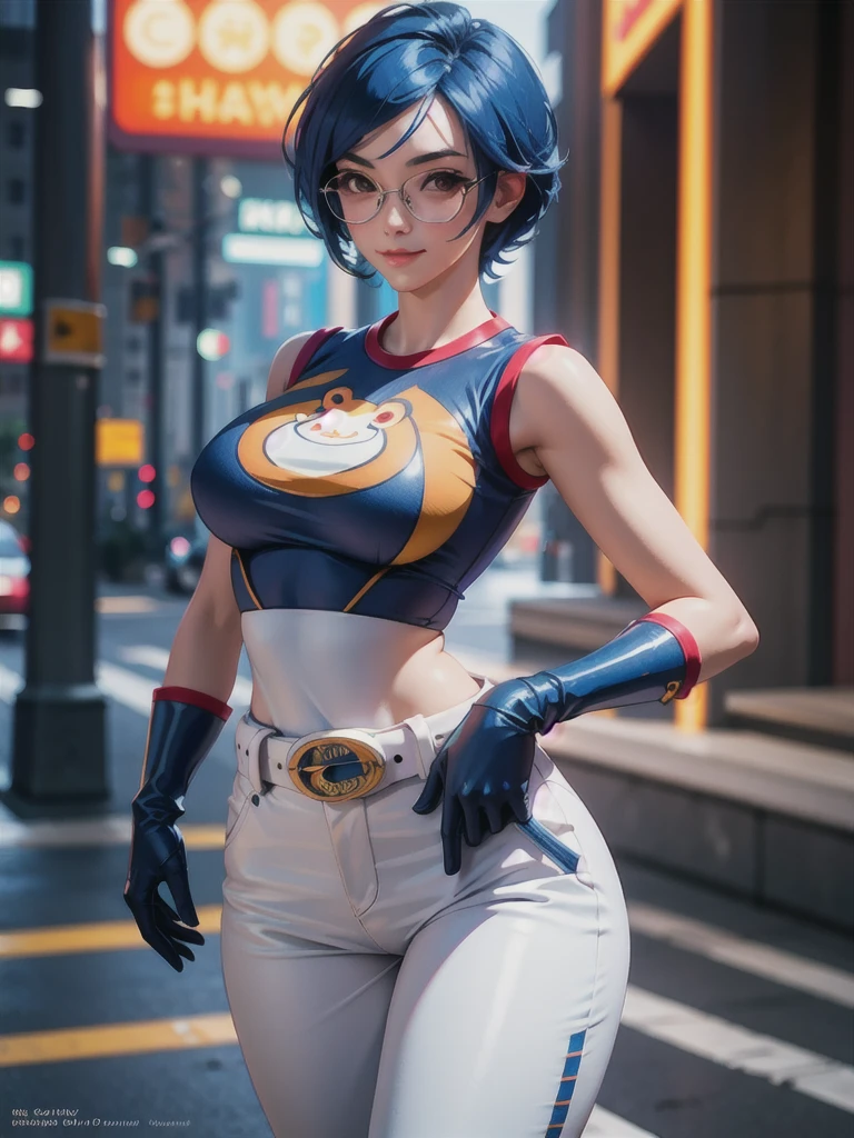 (at night), in a video game scene, a background of a beautiful city during the day raining, standing at attention, large glasses on her head, blue hair, a blue t-shirt on the chest, it has the face of a smiling frog logo, big belt at the waist, blue fingerless gloves, white exercise pants ((blue hair)), 1 girl, alone, 20 years old, young woman, perfect hands, beautiful fingers, beautiful long legs, beautiful body, beautiful nose, beautiful character design, perfect face, looking at the viewer with serious gesture (focusing on his face), closed mouth, Light_Smile, official art, extremely detailed CG unity 8k wallpaper, perfect lighting, bright and colorful front lighting, glowing skin (artwork master: 1.0), (best_quality: 1.0), ultra high resolution, 4K, ultra detailed photography, 8K, HDR, high resolution, nonsense:1.2, Kodak portra 400, film grain, background blur, bokeh:1.2, lens flare , (vibrant_color:1.2), professional photography, (Beautiful, breasts: 1.4), (beautiful_face: 1.5), (narrow waist),