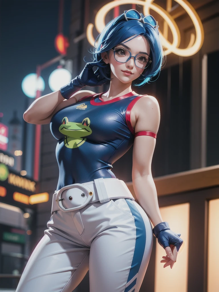 (at night), in a video game scene, a background of a beautiful city during the day raining, standing at attention, large glasses on her head, blue hair, a blue t-shirt on the chest, it has the face of a smiling frog logo, big belt at the waist, blue fingerless gloves, white exercise pants ((blue hair)), 1 girl, alone, 20 years old, young woman, perfect hands, beautiful fingers, beautiful long legs, beautiful body, beautiful nose, beautiful character design, perfect face, looking at the viewer with serious gesture (focusing on his face), closed mouth, Light_Smile, official art, extremely detailed CG unity 8k wallpaper, perfect lighting, bright and colorful front lighting, glowing skin (artwork master: 1.0), (best_quality: 1.0), ultra high resolution, 4K, ultra detailed photography, 8K, HDR, high resolution, nonsense:1.2, Kodak portra 400, film grain, background blur, bokeh:1.2, lens flare , (vibrant_color:1.2), professional photography, (Beautiful, breasts: 1.4), (beautiful_face: 1.5), (narrow waist),
