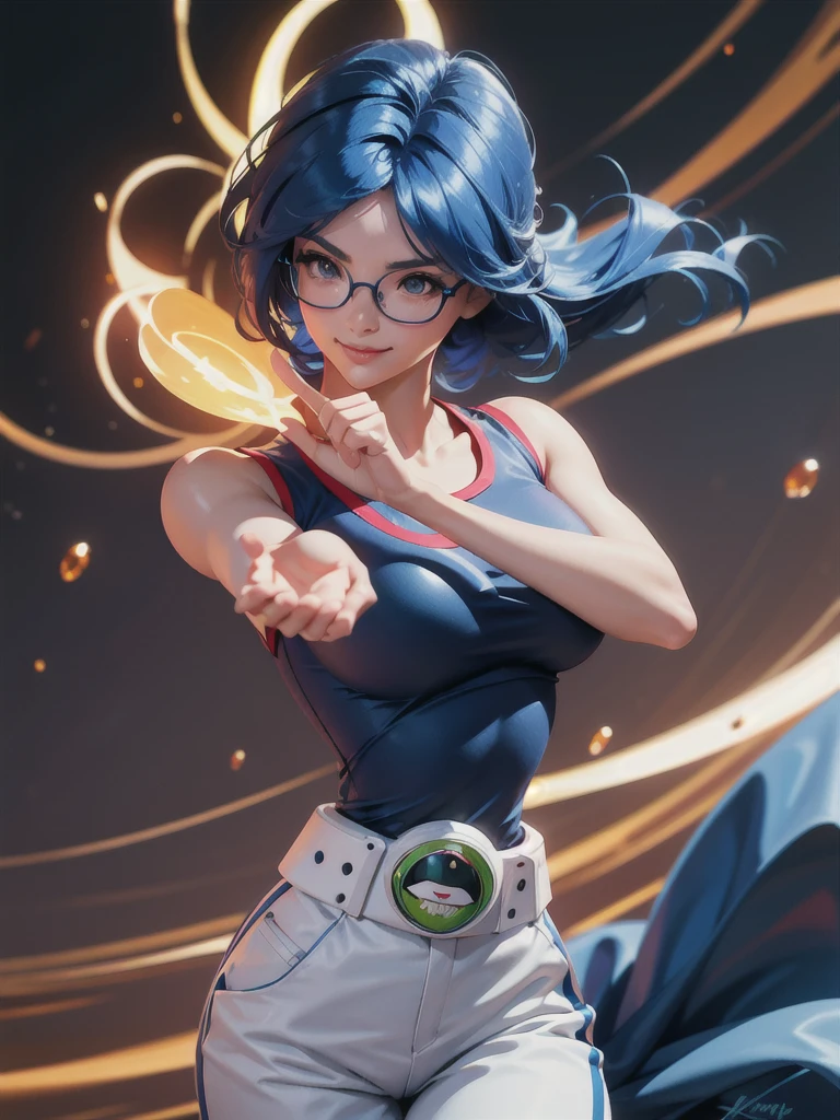 (at night), in a video game scene, a background of a beautiful city during the day raining, standing at attention, large glasses on her head, blue hair, a blue t-shirt on the chest, it has the face of a smiling frog logo, big belt at the waist, blue fingerless gloves, white exercise pants ((blue hair)), 1 girl, alone, 20 years old, young woman, perfect hands, beautiful fingers, beautiful long legs, beautiful body, beautiful nose, beautiful character design, perfect face, looking at the viewer with serious gesture (focusing on his face), closed mouth, Light_Smile, official art, extremely detailed CG unity 8k wallpaper, perfect lighting, bright and colorful front lighting, glowing skin (artwork master: 1.0), (best_quality: 1.0), ultra high resolution, 4K, ultra detailed photography, 8K, HDR, high resolution, nonsense:1.2, Kodak portra 400, film grain, background blur, bokeh:1.2, lens flare , (vibrant_color:1.2), professional photography, (Beautiful, breasts: 1.4), (beautiful_face: 1.5), (narrow waist),