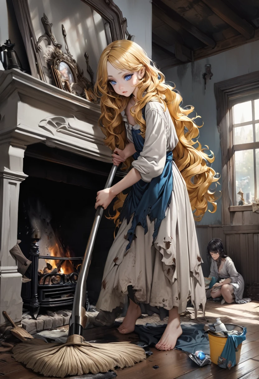 A tattered, shabby dress soiled from cleaning the fireplace, His face and hands are stained black with charcoal, ultra detailed, hyper realistic, wavy hair, yellow hair, silky hair, blue eyes, long eyelashes, yellow eyebrows, pale skin, fairy tale charm, Cleaning, full body, 