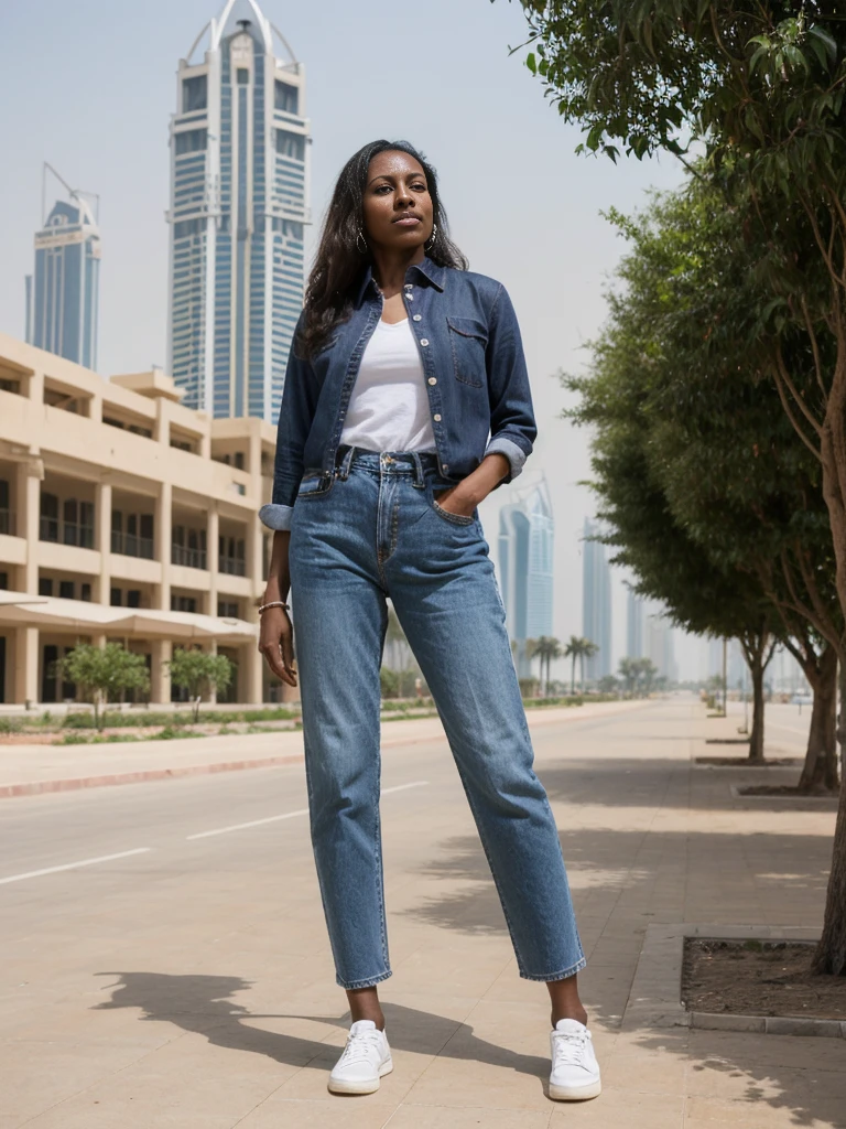 Zainab, 1girl, solo, ((Sudanese woman)), consistent face and body, ((MILF)), ((50 years old)), (mature), ((slim)), ((Sudanese face)), (Sudanese nose), (Sudanese lips), upper body and upper legs, (background: skyscrapers in Dubai), BREAK, (wearing stylish Generation Z casual wear and jeans)