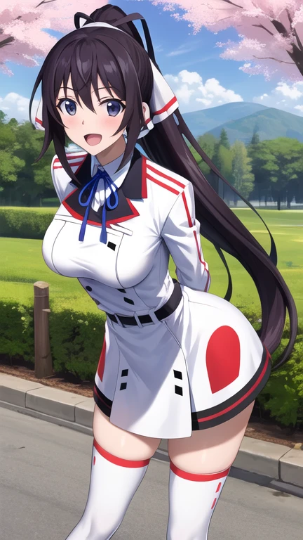 masterpiece, best quality, highres, aahouki, very long hair, black hair, high ponytail, split ponytail, hair ribbon, white ribbon, large breasts, , neck ribbon, white jacket, white dress, long sleeves, white thighhighs, arms behind back, standing, leaning forward, outdoors, cherry blossoms, smile, open mouth,