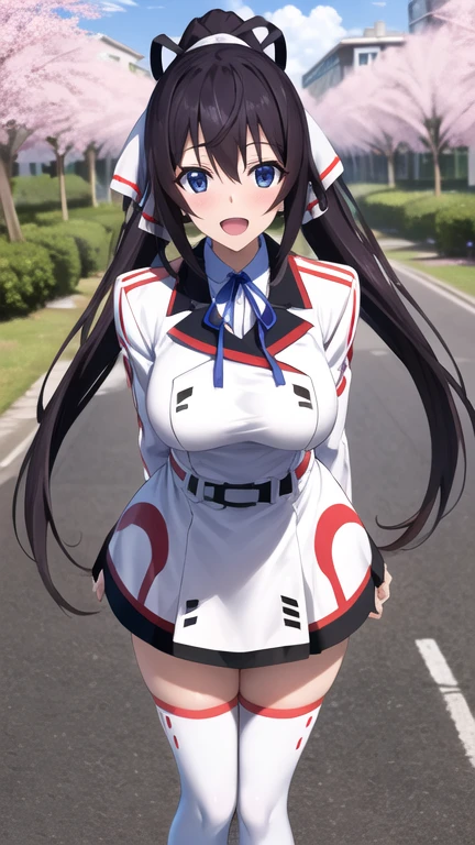 masterpiece, best quality, highres, aahouki, very long hair, black hair, high ponytail, split ponytail, hair ribbon, white ribbon, large breasts, , neck ribbon, white jacket, white dress, long sleeves, white thighhighs, arms behind back, standing, leaning forward, outdoors, cherry blossoms, smile, open mouth,