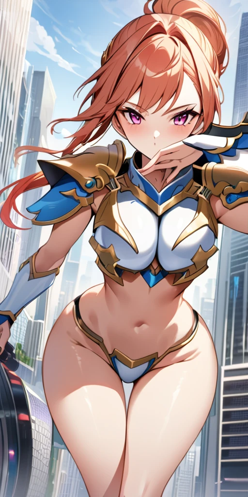 ((Highest quality、masterpiece、anime style、best quality、high resolution、8k、detailed、ultra-detailed:1.3))、Long legs、Sharp focus:1.2, Beautiful woman with perfect figure:1.4、(Smiling:1.2), double eyelid、30-year-old female、Sexy pose、((((Close your mouth、One Woman、Bikini Armor:1.5))))、movement,Dynamism、Fighting Pose、Her hairstyle is long and permed.、Hairstyle: vertical rolls、The background is a futuristic city