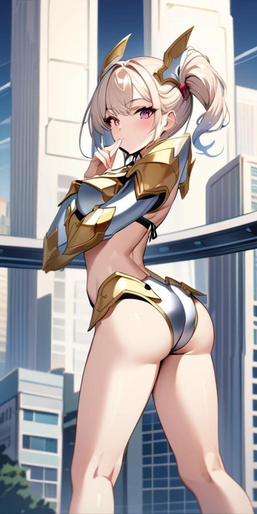 ((Highest quality、masterpiece、anime style、best quality、high resolution、8k、detailed、ultra-detailed:1.3))、Long legs、Sharp focus:1.2, Beautiful woman with perfect figure:1.4、(Smiling:1.2), double eyelid、30-year-old female、Sexy pose、((((Close your mouth、One Woman、Bikini Armor:1.5))))、movement,Dynamism、Fighting Pose、Her hairstyle is long and permed.、Hairstyle: vertical rolls、The background is a futuristic city