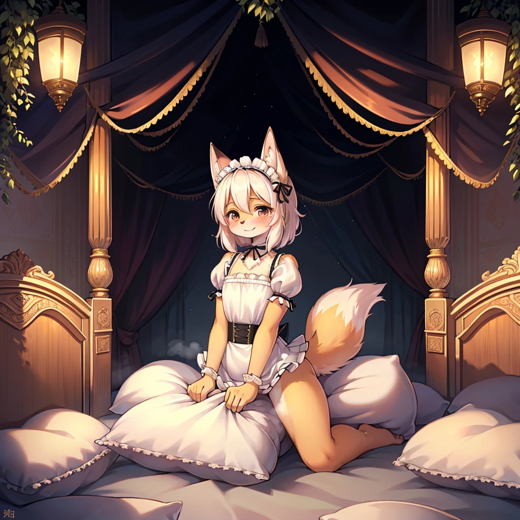 （masterpiece，best quality），mine, The Beast, , (Light and shadow suitable for any Pillow background））, Cute girl in Maid costume posing on Pillow, Maid costume，White，nature,, (blush),a smile，Pillow,（Lots of Pillow），Soft cushion，（canopy bed），Soft pillow，（Pillow damage），Lots of Pillow，（Friction in the crotch），（（Pillow Hump）），（Pillow Head），（A tail），，（Pink Pillow），（Around the protagonist），steam，（Pillow Head），（），（Luxury Pillow），（Palace Pillow Pattern Pillow），（palace），（Palace bedroom），（Gorgeous Pattern Pillow），Soft Pillow，，（Classical European style bedroom ），（excited，shy person，Lack of expressiveness，），pillow hump,Fox Girl，(Deluxe Rococo Canopy King Bed),Luxurious curtains with ornate ruffles and ribbons hang around the large bed.,((((The bed is piled with many Pillows)))),Quilt details,Detailed bed linen,Ruffled Bed Skirt,Deep Bed,Background with depth,((Pillow in detail)), ((((A Lot of Pillow))))，,，Detailed Soft Pillow,,((女孩正躺在许多Soft Pillow上,There are many Pillows around))，、 Long nightgown with ruffles and ribbons、In a huge, Large canopy bed、Soft sheets and quilts、Colorful soft Pillow、Lots of Ruffled Pillows and Ruffled Bed Skirts、Soft toned bed、Ruffled curtains around the bed.。Delicate face。