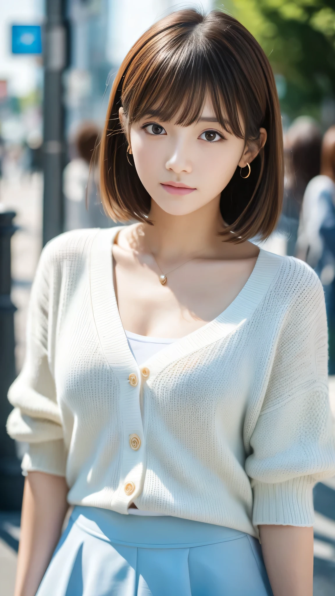 Ultra-high resolution, Superior Quality, Highest quality, Very detailed, Realistic, 8k, RAW Photos, Highest quality, masterpiece, Attractive girl, Awesome girl, Brown Hair, Shoulder-length layers, Asymmetrical bangs, K-POPアイドル, Sophisticated, stylish, Light blue camisole, White mini skirt、White cardigan、Shibuya Ward, Short Hair