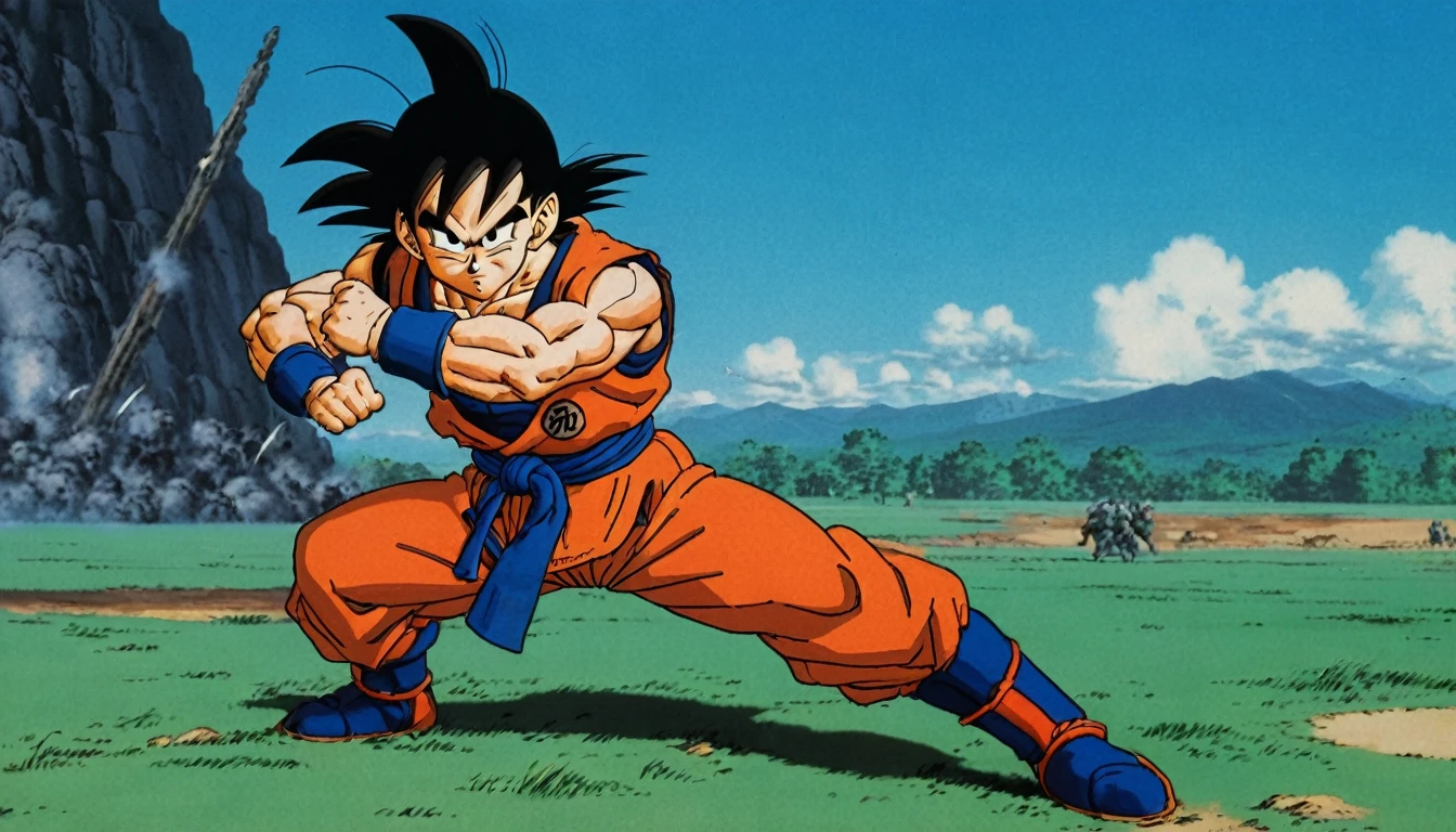Goku in a frontal pose, on a battlefield, made by Akira Toriyama