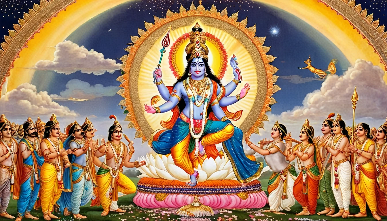 "Krishna revealing his divine form to Arjuna and delivering the teachings of the Bhagavad Gita on the battlefield of Kurukshetra. The scene is majestic and illuminated, showing Krishna's cosmic vision with multiple arms and divine symbols. Arjuna is kneeling with awe and reverence, bathed in the radiant light emanating from Krishna. The background is filled with celestial beings and a golden glow, symbolizing the divine presence. No text in the image."