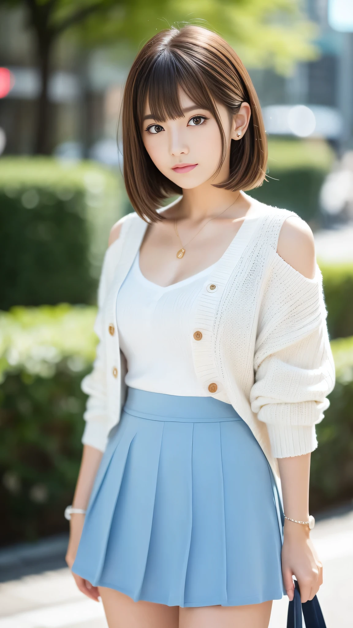 Ultra-high resolution, Superior Quality, Highest quality, Very detailed, Realistic, 8k, RAW Photos, Highest quality, masterpiece, Attractive girl, Awesome girl, Brown Hair, Shoulder-length layers, Asymmetrical bangs, K-POPアイドル, Sophisticated, stylish, Light blue camisole, White mini skirt、White cardigan、Shibuya Ward, Short Hair
