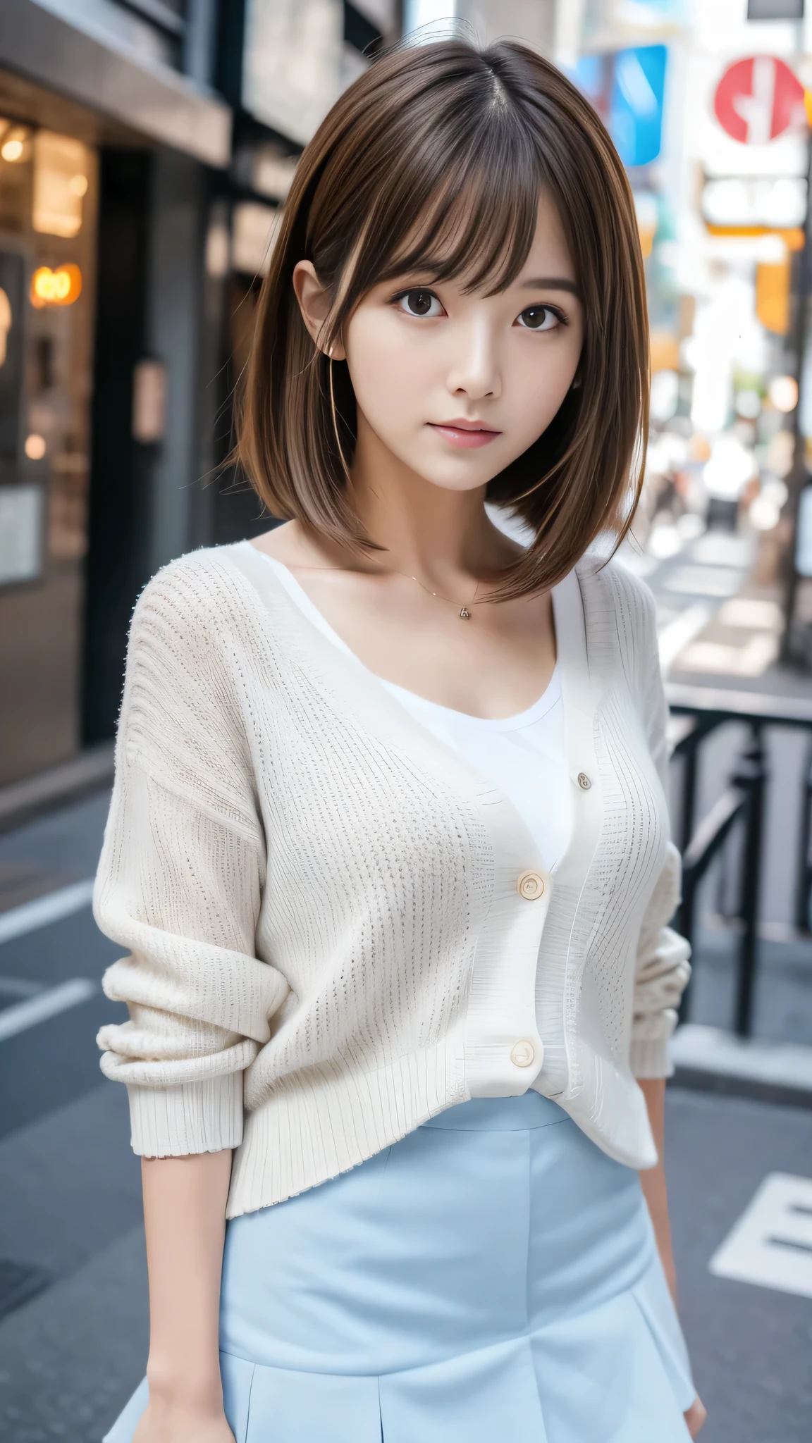 Ultra-high resolution, Superior Quality, Highest quality, Very detailed, Realistic, 8k, RAW Photos, Highest quality, masterpiece, Attractive girl, Awesome girl, Brown Hair, Shoulder-length layers, Asymmetrical bangs, K-POPアイドル, Sophisticated, stylish, Light blue camisole, White mini skirt、White cardigan、Shibuya Ward, Short Hair