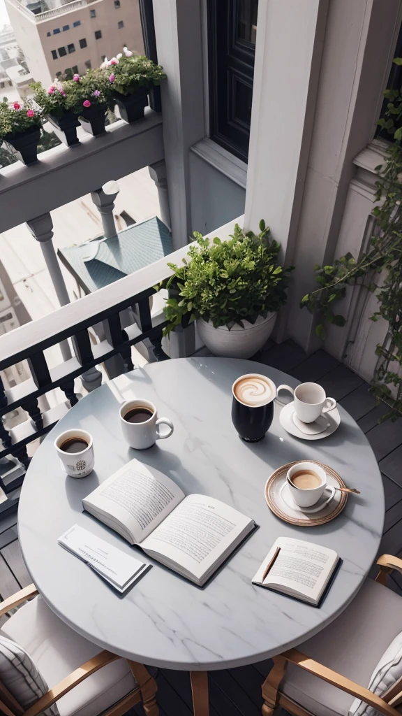 Create a round table on a very elegant balcony on the top floor of a building, on the table, a white cup of coffee, a book and a pen, on one side, a gray rose. 